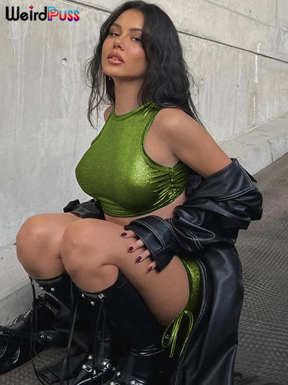 Transparenter 2-Teiler – Glänzendes Tanktop ohne Taille & geraffter Rock im Streetwear-Style