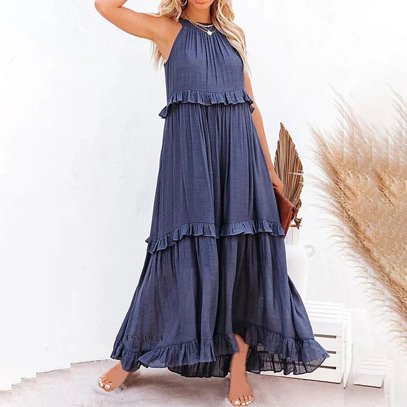 Langes Rüschenkleid – Elegantes ärmelloses Maxikleid für stilvolle Auftritte am Strand oder abends