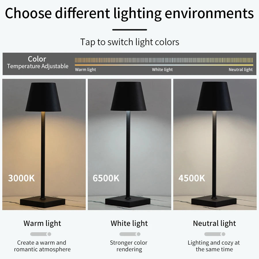LED-Tischlampe mit Touch-Steuerung, 3-stufig dimmbar und kabellos USB-aufladbar – für Schreibtisch oder Raumbeleuchtung.