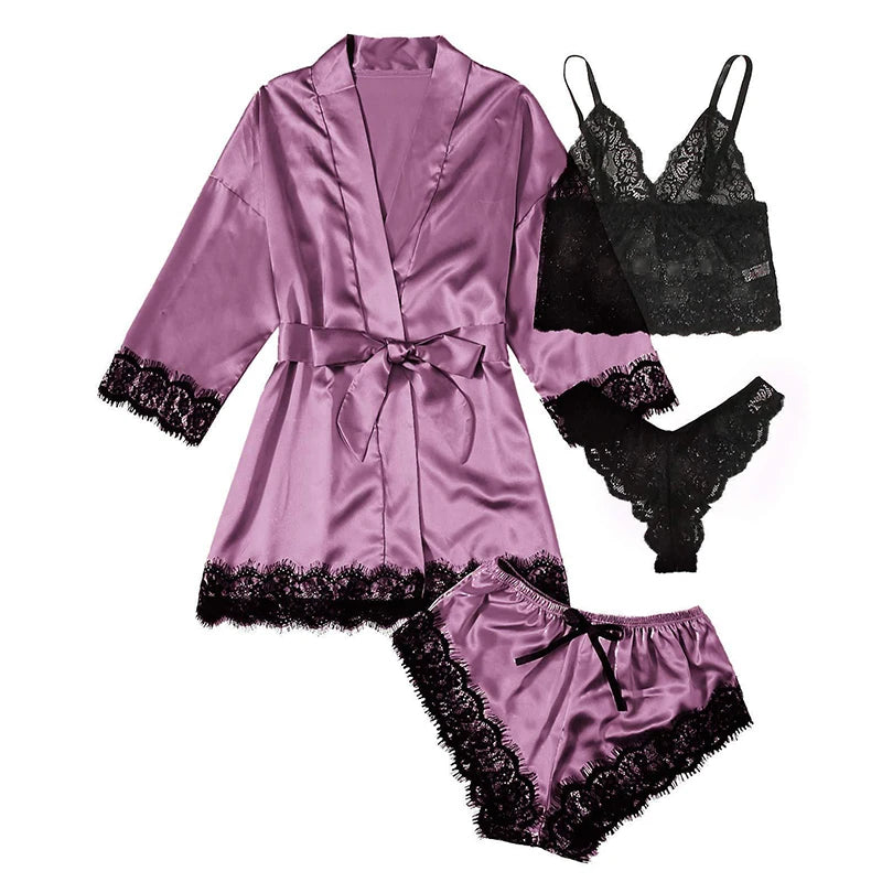 4-teiliges Satin-Schlafset mit Spitze – inkl. Shorts, Top, Hose & Robe – elegant, bequem und perfekt für stilvolle Sommernächte.