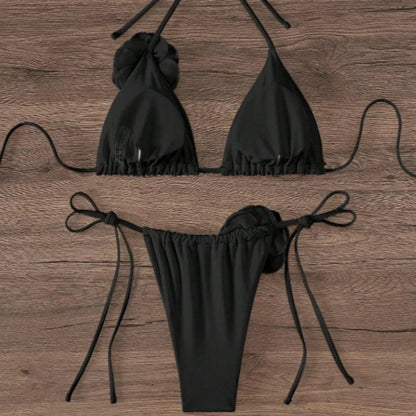 3D-Blumen Halter-Bikini – Zweiteiliges Set mit Trägerdesign