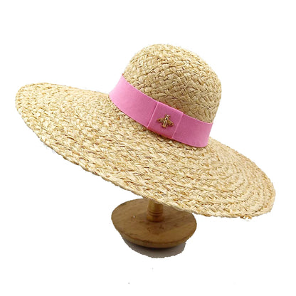 2024 Summer Straw Hat Beach Hat Women's Seaside Sun Hat Vacation Bow Ribbon Flat Top Big Brim Straw Hat