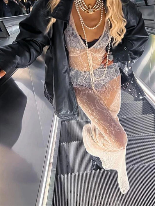 Spitzen-Maxikleid – Durchsichtiges Kleid mit Blumenmuster, Ärmellos & V-Ausschnitt, Ideal als Cover-up oder Party-Outfit