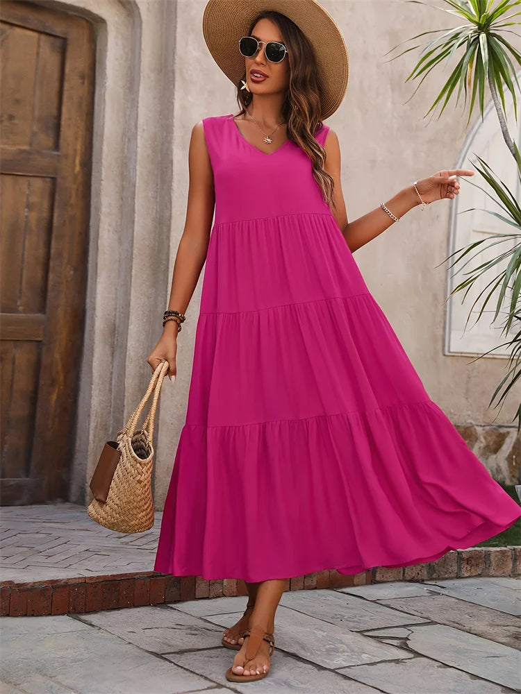 Langes Sommerkleid – Luftiges Maxikleid mit V-Ausschnitt & Rüschen für stilvolle Urlaubsmomente