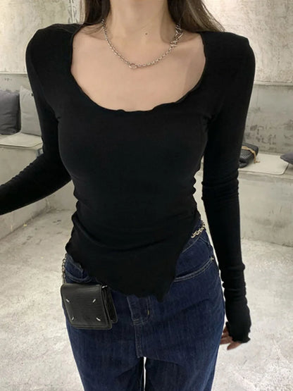 Langarmshirt mit ungleichmäßigem Saum – Figurbetontes Strick-Design mit Ziernähten im Ulzzang-Stil