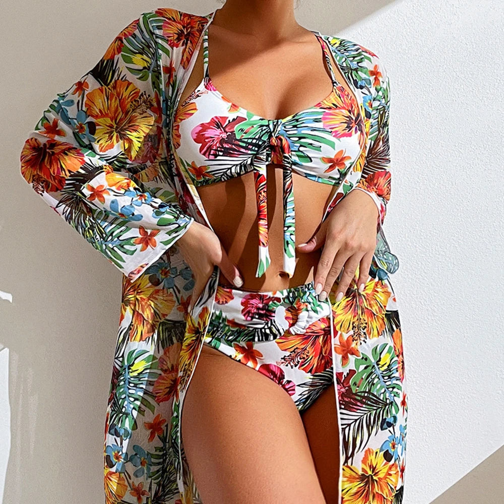 High-Waist Bikini Set – Dreiteiliges Design mit Blumenprint und Mesh-Bluse