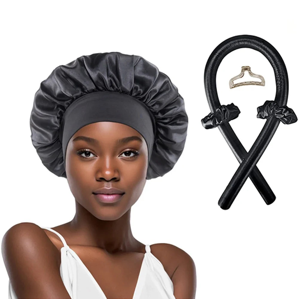 Satin-Lockenband-Set mit Haube – hitzefrei, weich und ideal für schonende Locken über Nacht ohne Stylingstress.
