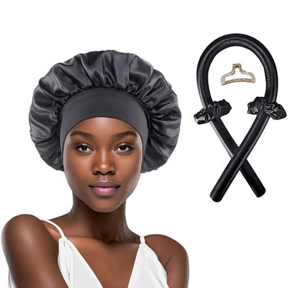 Satin-Lockenband-Set mit Haube – hitzefrei, weich und ideal für schonende Locken über Nacht ohne Stylingstress.