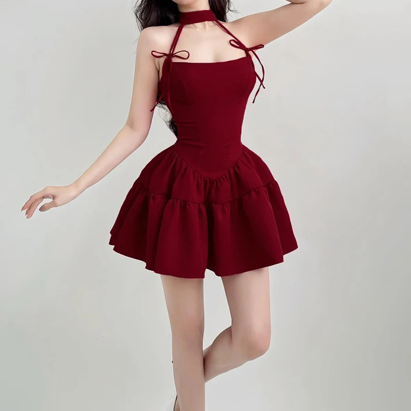 IAMHOTTY Ärmelloses A-Linien Kleid Rot Schwarz mit Schleife – Prinzessinnen-Look im Kawaii-Lolita-Stil
