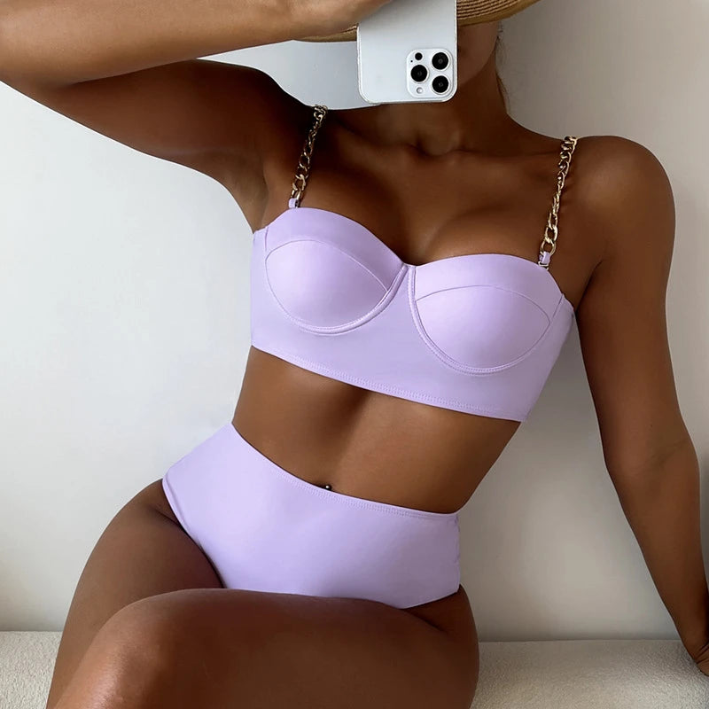 High-Waist Bikini Set – Gepolstertes Top mit Kettenträgern in 7 Farben
