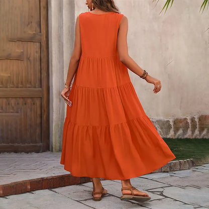 Langes Sommerkleid – Luftiges Maxikleid mit V-Ausschnitt & Rüschen für stilvolle Urlaubsmomente