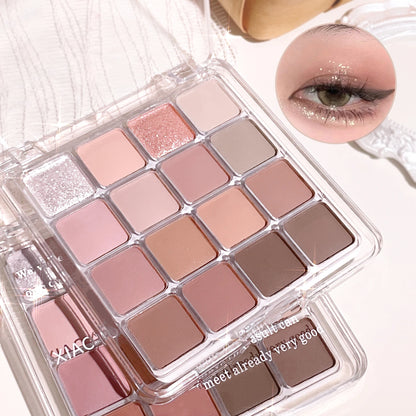 Lidschattenpalette mit 16 Sunset-Farbtönen – Mix aus matten & schimmernden Erdtönen, ideal für vielseitige Alltags- und Abendlooks im Korean-Style.