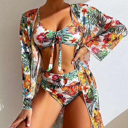 High-Waist Bikini Set – Dreiteiliges Design mit Blumenprint und Mesh-Bluse