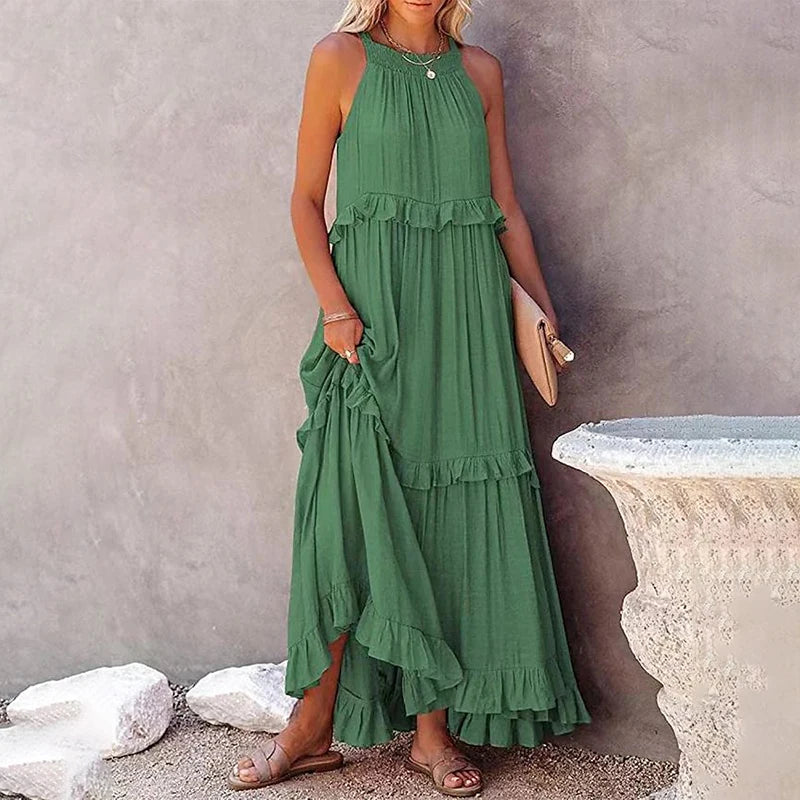 Langes Rüschenkleid – Elegantes ärmelloses Maxikleid für stilvolle Auftritte am Strand oder abends