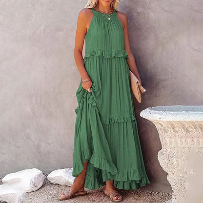 Langes Rüschenkleid – Elegantes ärmelloses Maxikleid für stilvolle Auftritte am Strand oder abends