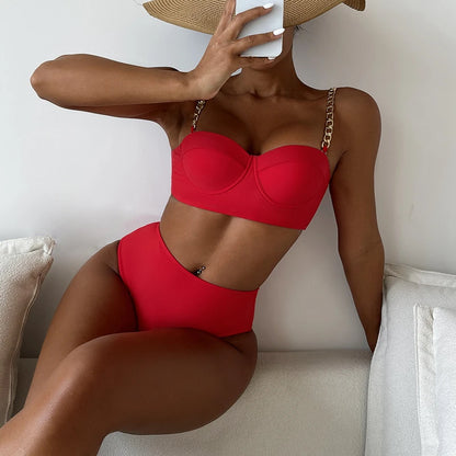 High-Waist Bikini Set – Gepolstertes Top mit Kettenträgern in 7 Farben