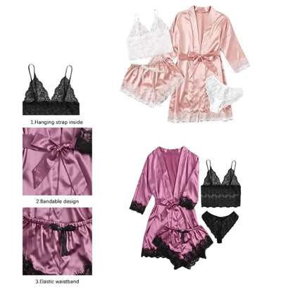 4-teiliges Satin-Schlafset mit Spitze – inkl. Shorts, Top, Hose & Robe – elegant, bequem und perfekt für stilvolle Sommernächte.