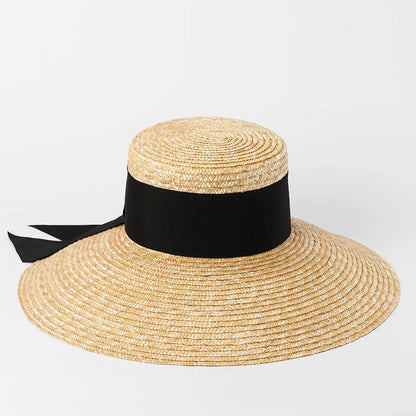 2024 Summer Straw Hat Beach Hat Women's Seaside Sun Hat Vacation Bow Ribbon Flat Top Big Brim Straw Hat