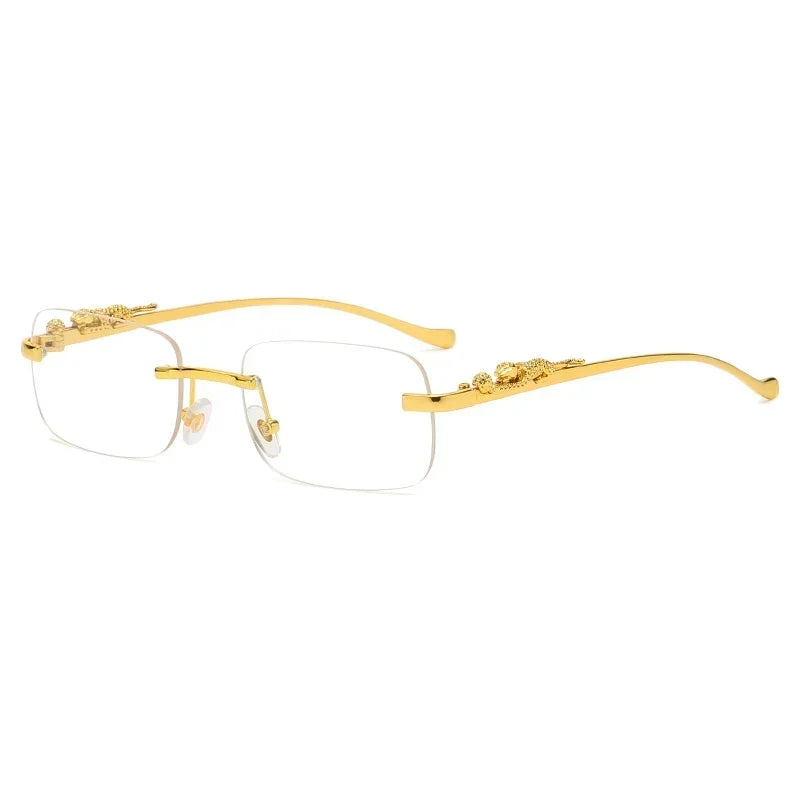 Rechteckige, randlose Sonnenbrille mit Metall-Scharnier & Cheetah-Details – unisex, retro & stylish mit UV400-Schutz für sonnige Tage.