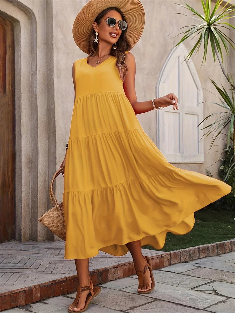 Langes Sommerkleid – Luftiges Maxikleid mit V-Ausschnitt & Rüschen für stilvolle Urlaubsmomente
