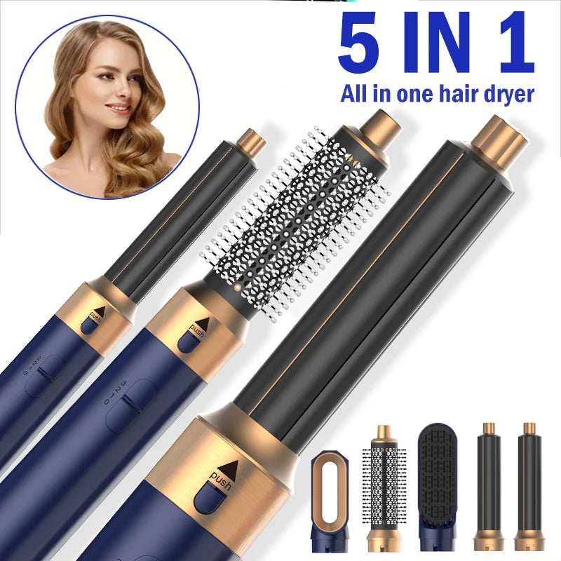 5-in-1 Heißluftstyler mit Föhn, Lockenstab & Glättaufsätzen – vielseitig, leistungsstark und ideal für flexibles Haarstyling zu Hause.
