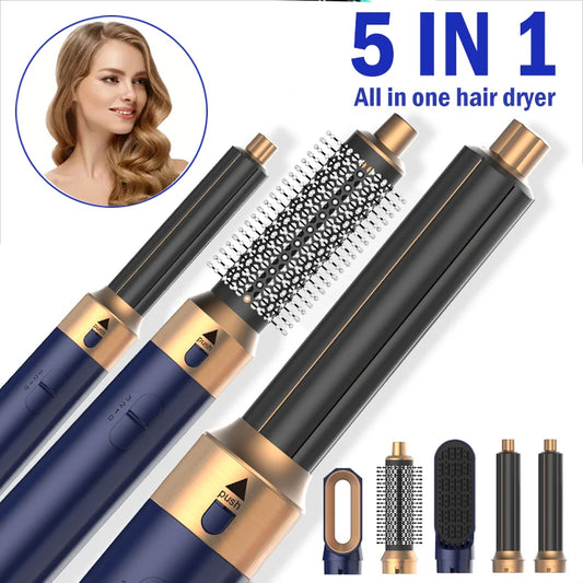5-in-1 Heißluftstyler mit Föhn, Lockenstab & Glättaufsätzen – vielseitig, leistungsstark und ideal für flexibles Haarstyling zu Hause.