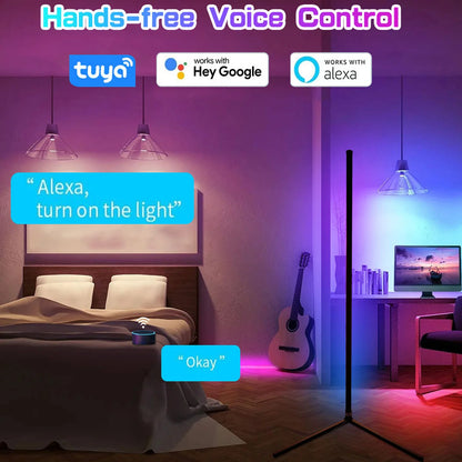 Lampe d'angle Bluetooth Smart APP 160 cm Dimmable RGB LED Lumière d'ambiance Alexa Lampe sur pied pour chambre à coucher Décoration de jeu Noël