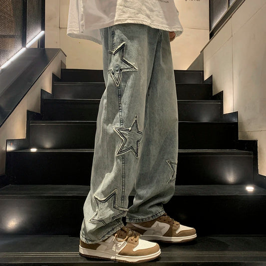 Weite Jeans mit Stern-Stickerei – gerade geschnitten, im Y2K-Stil und perfekt für auffällige Hip-Hop- und Streetwear-Looks.