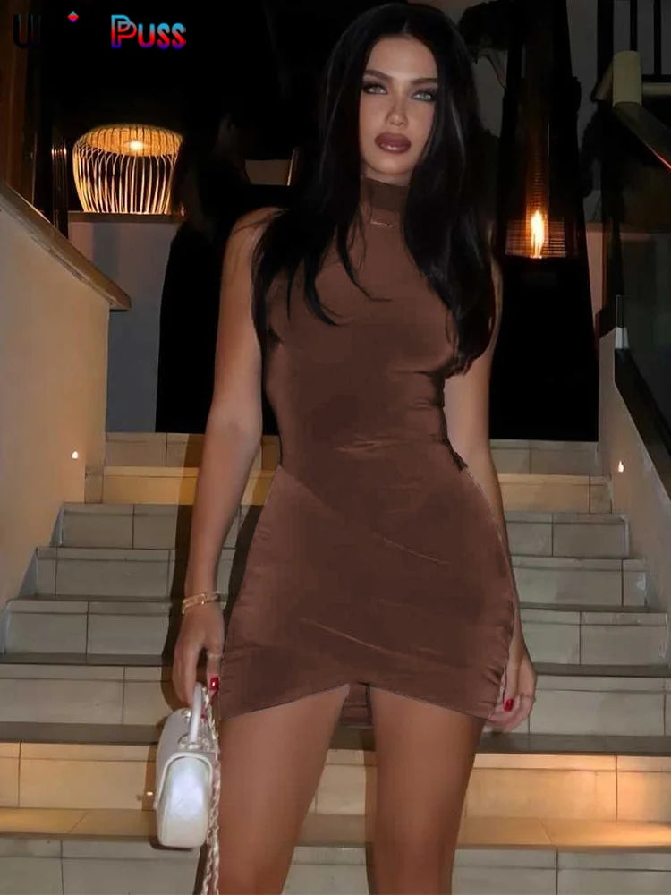Figure-hugging mini dress with ruffles – sleeveless, high collar, perfect for summer, party & club