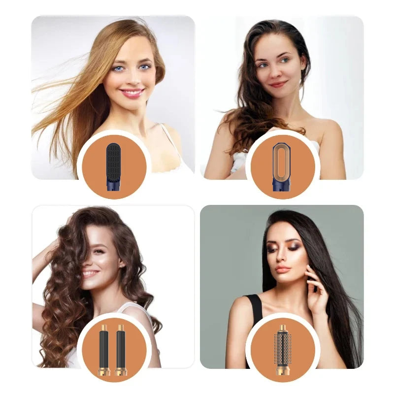 5-in-1 Heißluftstyler mit Föhn, Lockenstab & Glättaufsätzen – vielseitig, leistungsstark und ideal für flexibles Haarstyling zu Hause.