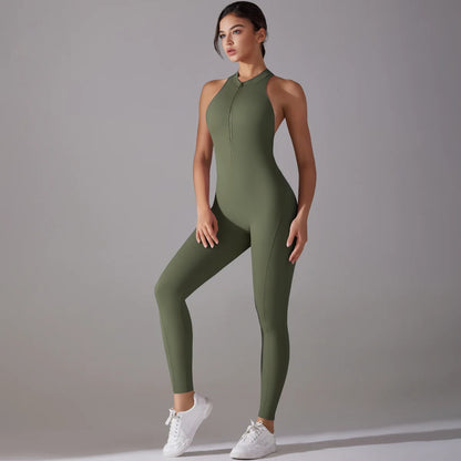 Rückenfreier Sport-Jumpsuit – Scrunch-Design, ärmellos mit Reißverschluss für Po-Lifting und Fitness