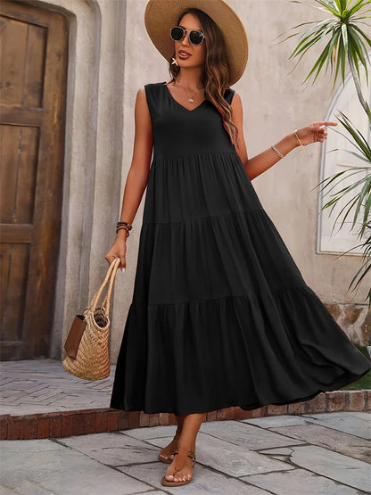 Langes Sommerkleid – Luftiges Maxikleid mit V-Ausschnitt & Rüschen für stilvolle Urlaubsmomente