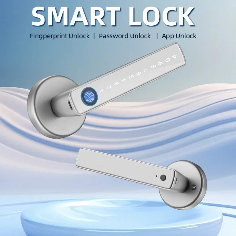 Serrure de porte intelligente avec capteur d'empreintes digitales et code numérique – sans clé, sécurisée et contrôlable via l'application Tuya pour votre maison intelligente.