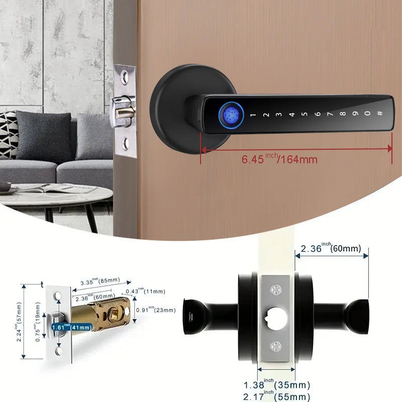 Serrure de porte intelligente avec capteur d'empreintes digitales et code numérique – sans clé, sécurisée et contrôlable via l'application Tuya pour votre maison intelligente.
