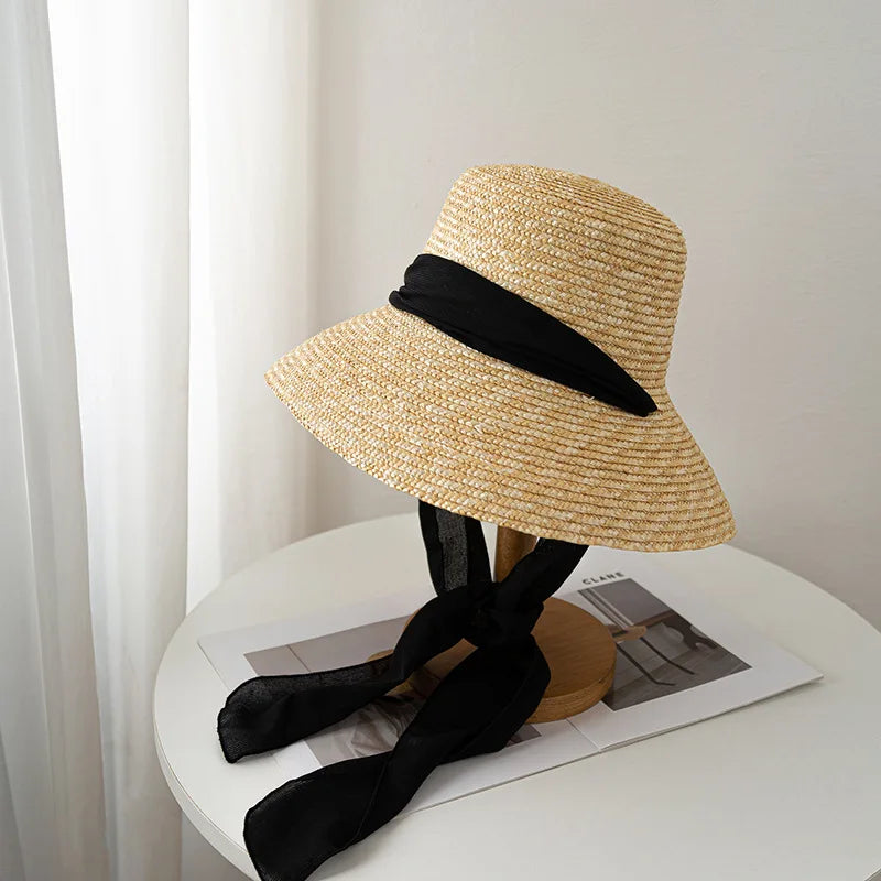 2024 Summer Straw Hat Beach Hat Women's Seaside Sun Hat Vacation Bow Ribbon Flat Top Big Brim Straw Hat