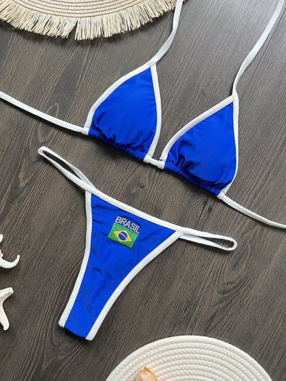 Brasil Flag Bikini-Set – Stylisches Patchwork-Design mit Stickerei & Kontrastdetails