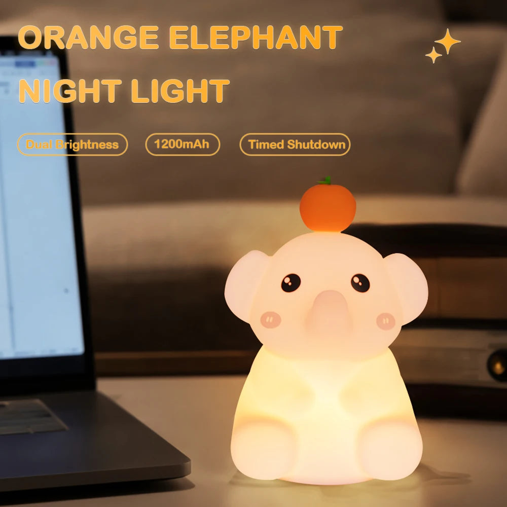 Elefanten-Nachtlampe aus Silikon für Kinder, dimmbar und mit Timer – ideales Schlummerlicht fürs Schlafzimmer oder Kinderbett.