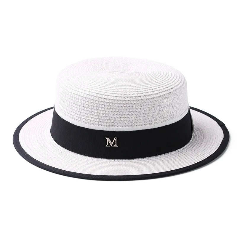 Summer outdoor M letter rhinestone flat brim sun hats Summer women's bowler hat Straw cap for travel shopping