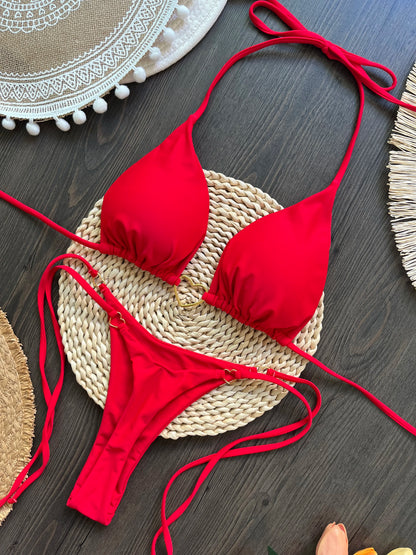 Halter-Bikini Set – Zweiteiliges Triangle-Thong Design in Uni-Farben