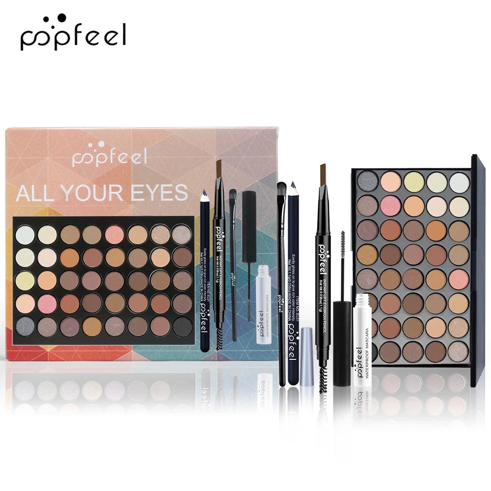POPFEEL Eye Make-up Set mit Lidschattenpalette, Eyeliner, Mascara & Brauenstift – praktisches Komplett-Set, perfekt als Geschenk für Make-up-Fans.