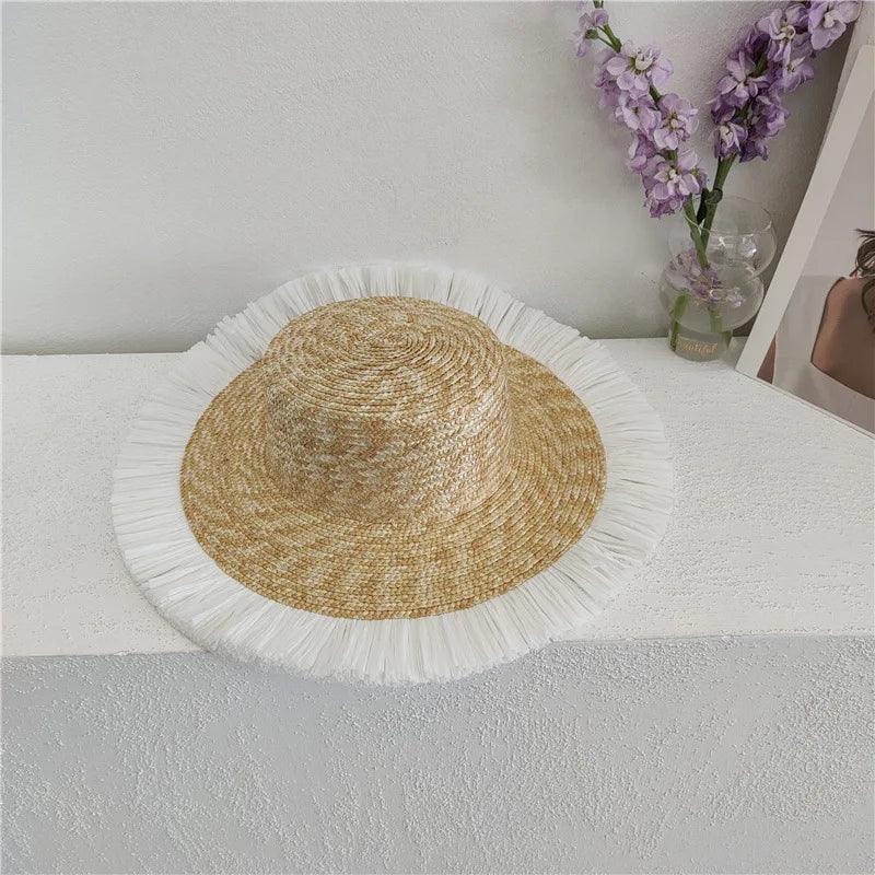 2024 Summer Straw Hat Beach Hat Women's Seaside Sun Hat Vacation Bow Ribbon Flat Top Big Brim Straw Hat