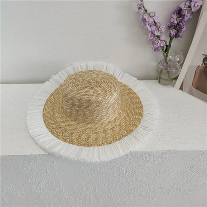 2024 Summer Straw Hat Beach Hat Women's Seaside Sun Hat Vacation Bow Ribbon Flat Top Big Brim Straw Hat