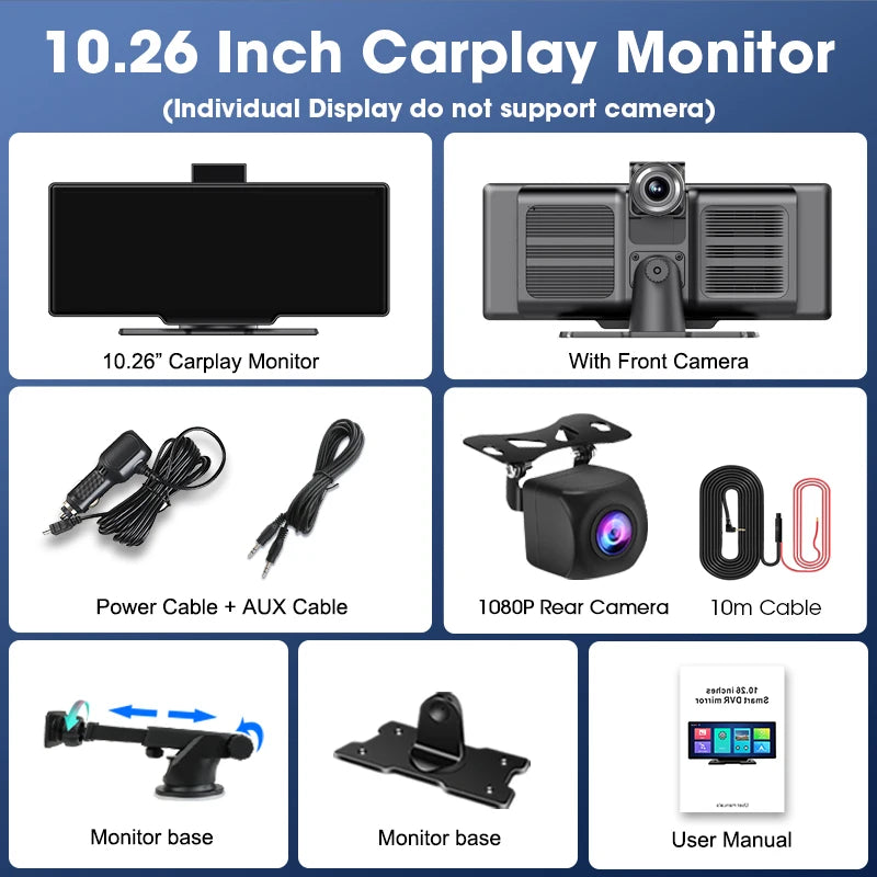 10,26" 4K Dashcam mit Rückspiegel-Display, Wireless CarPlay & Android Auto, GPS & Rückfahrkamera – Multimedia & Sicherheit in einem.