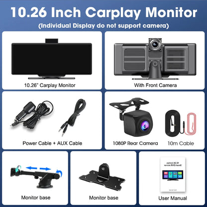 10,26" 4K Dashcam mit Rückspiegel-Display, Wireless CarPlay & Android Auto, GPS & Rückfahrkamera – Multimedia & Sicherheit in einem.