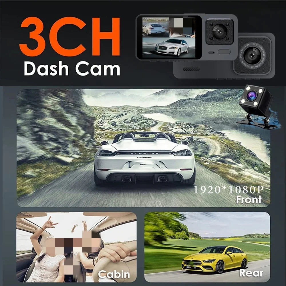 3-Kanal-Dashcam mit WLAN und Full HD – drei Linsen für Front, Innenraum & Heck, ideal für umfassende Videoüberwachung im Auto.