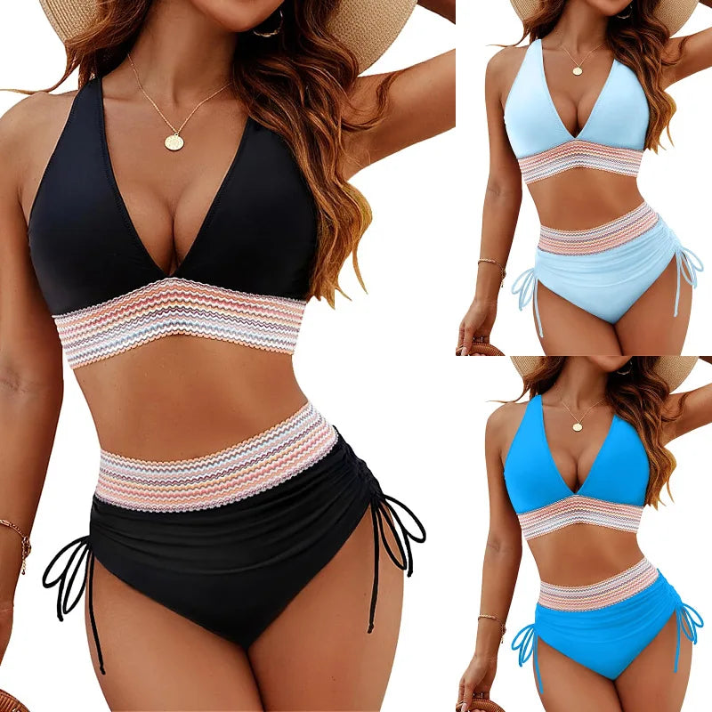 Schulterfreies High-Waist Bikini Set – Mit Brustpolster und verstellbaren Trägern