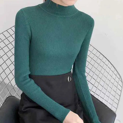 Fitted knit sweater with stand-up collar – simple, cozy, and perfect for stylish looks on cool days.
