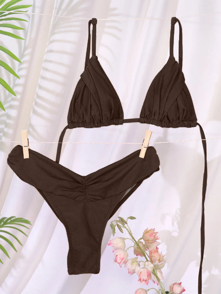Bandage-Bikini Set – Zweiteiliges Low-Waist Triangle-Design in Uni-Farben