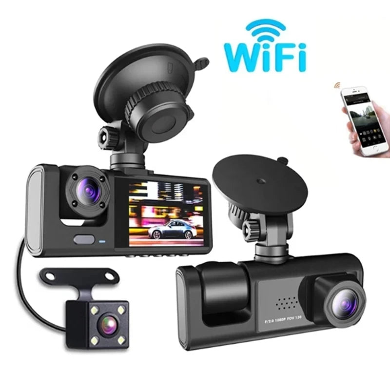 3-Kanal-Dashcam mit WLAN und Full HD – drei Linsen für Front, Innenraum & Heck, ideal für umfassende Videoüberwachung im Auto.
