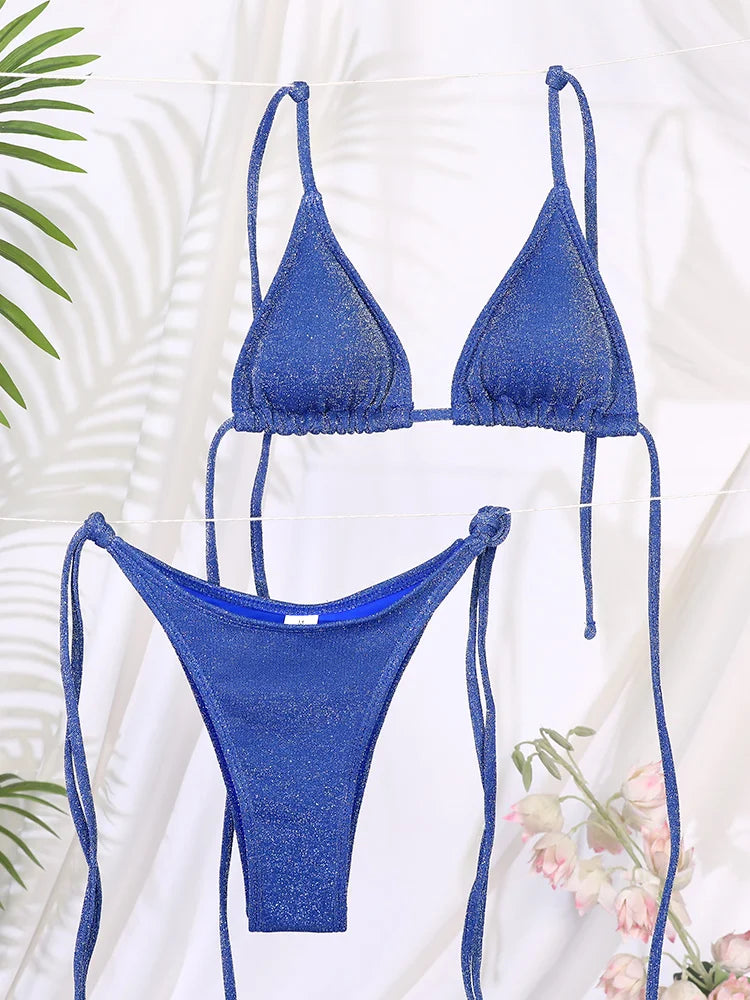 Glänzender Bikini Set – Zweiteiliges Triangle-Design in Uni-Farben